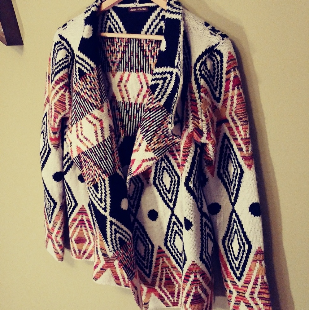 Open-Front Geometric Pattern Cardigan Sweater - Cream & Rust - Picture 8 of 8